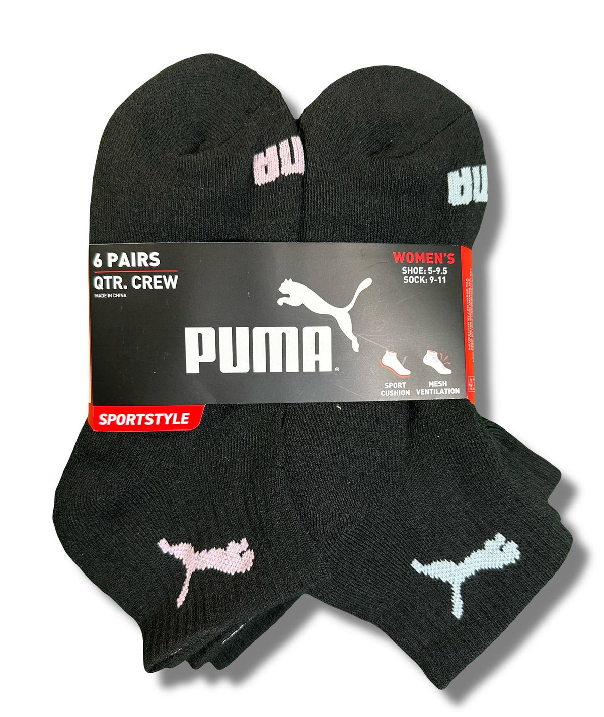 PUMA SOCKS WOMEN'S - QUARTER 253 - SOLID C BLACK PINK - SHOE SZ 5-9.5 -PACK 6