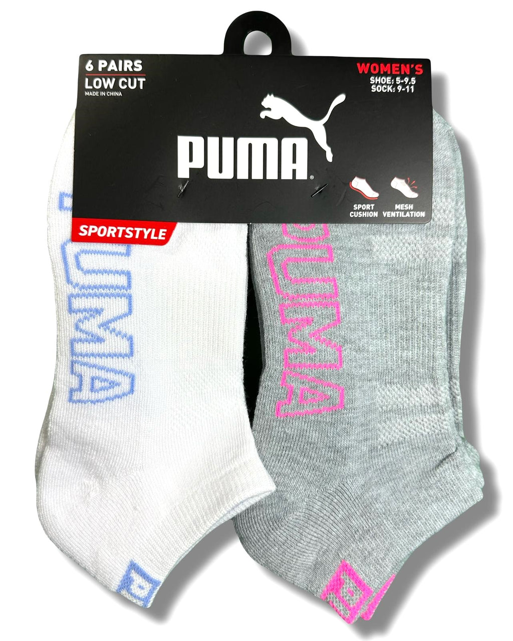 PUMA SOCKS WOMEN'S - LOW CUT 253 - SLATE WHITE GREY - SHOE SZ 5-9.5 -PACK 6