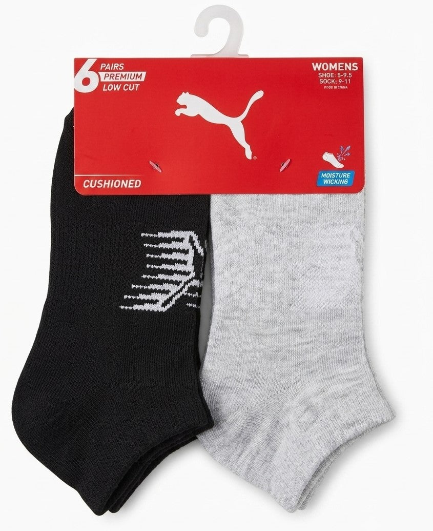 PUMA SOCKS WOMEN'S - LOW CUT - ZIPPY 263 - BLACK WHITE - SHOE SZ 5-9.5 - PACK 6