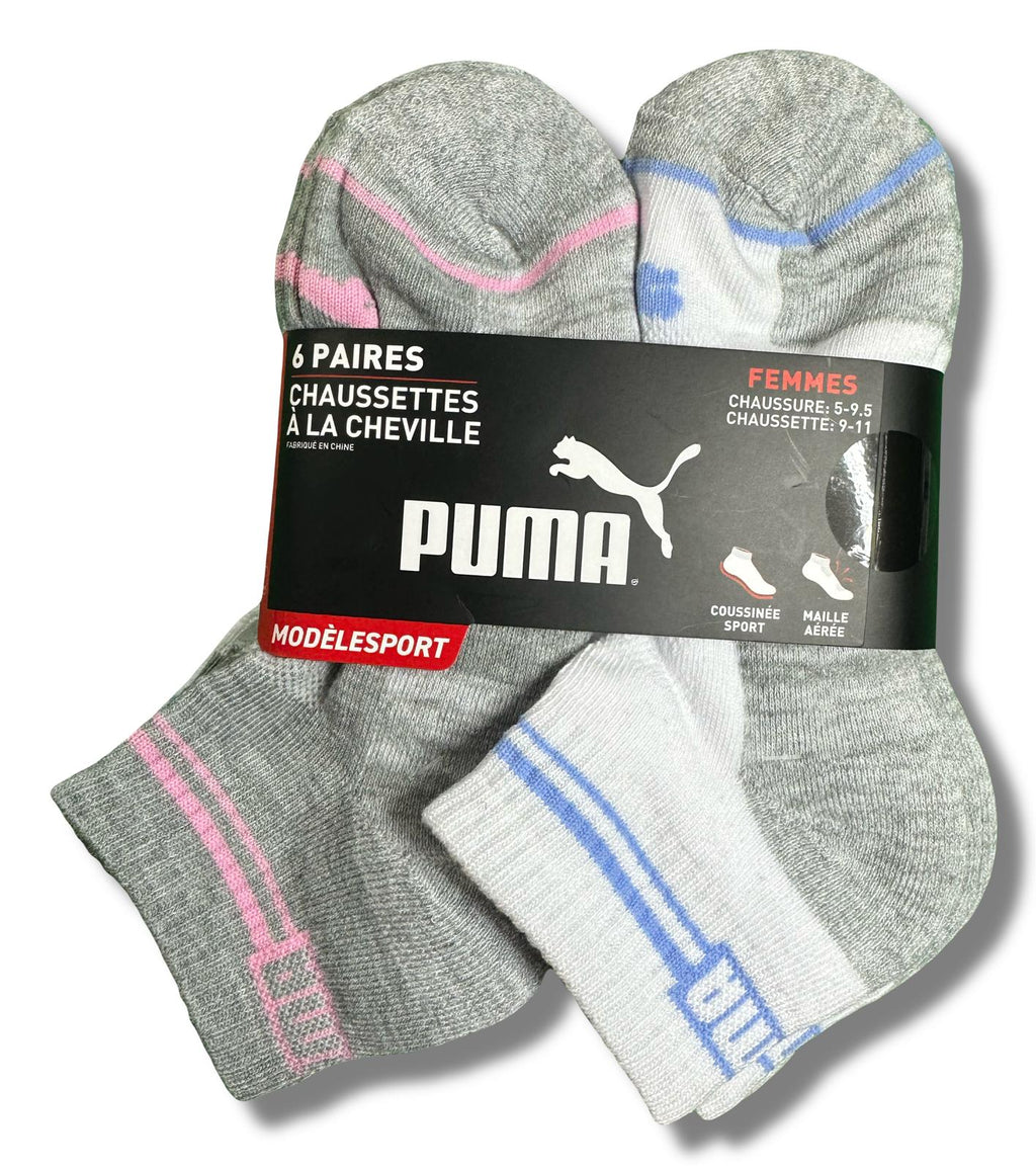 PUMA SOCKS WOMEN'S - QUARTER 253 - GLEE WHITE PURPLE - SHOE SZ 5-9.5 -PACK 6