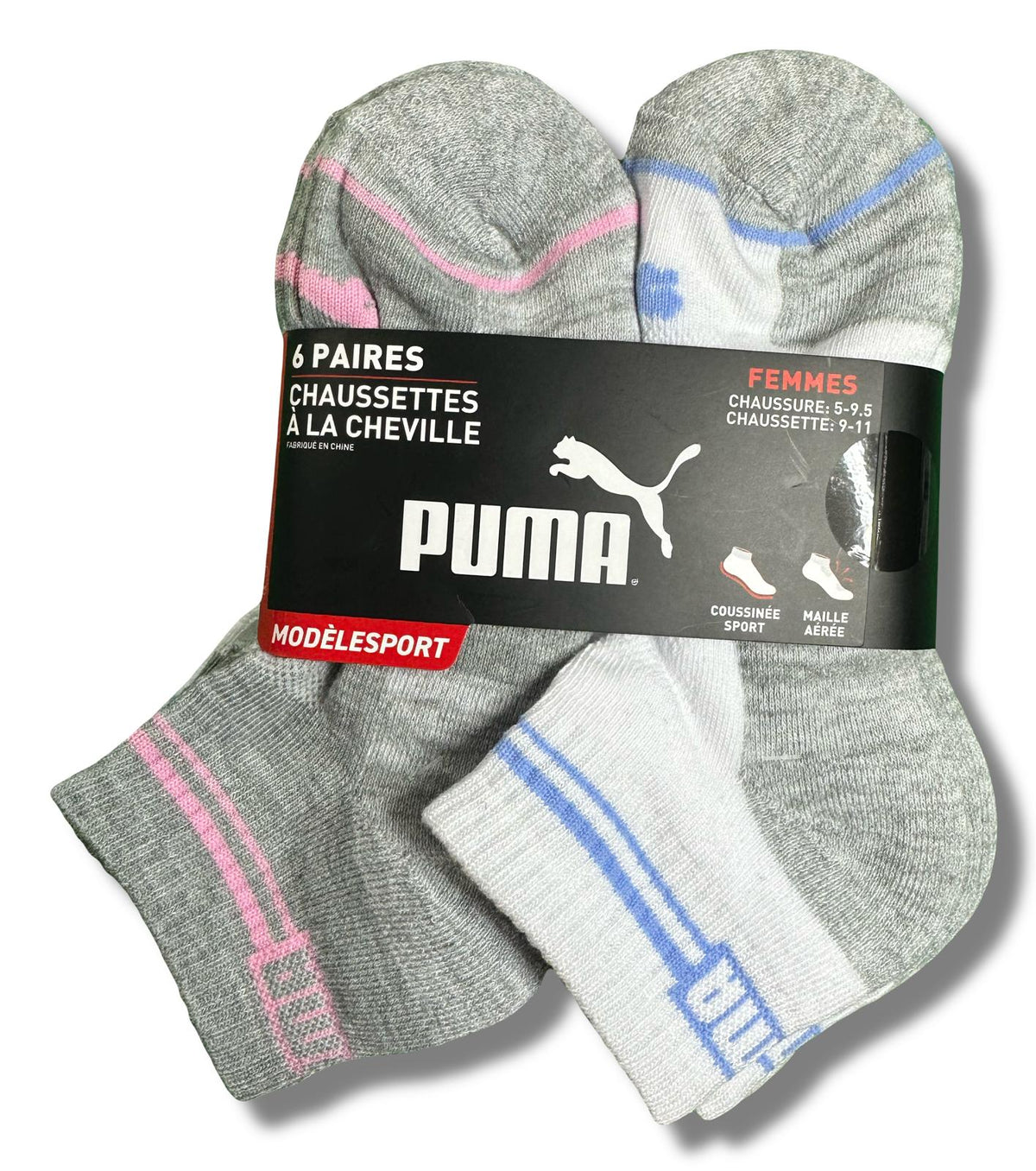 PUMA SOCKS WOMEN'S - QUARTER 253 - GLEE WHITE PURPLE - SHOE SZ 5-9.5 -PACK 6