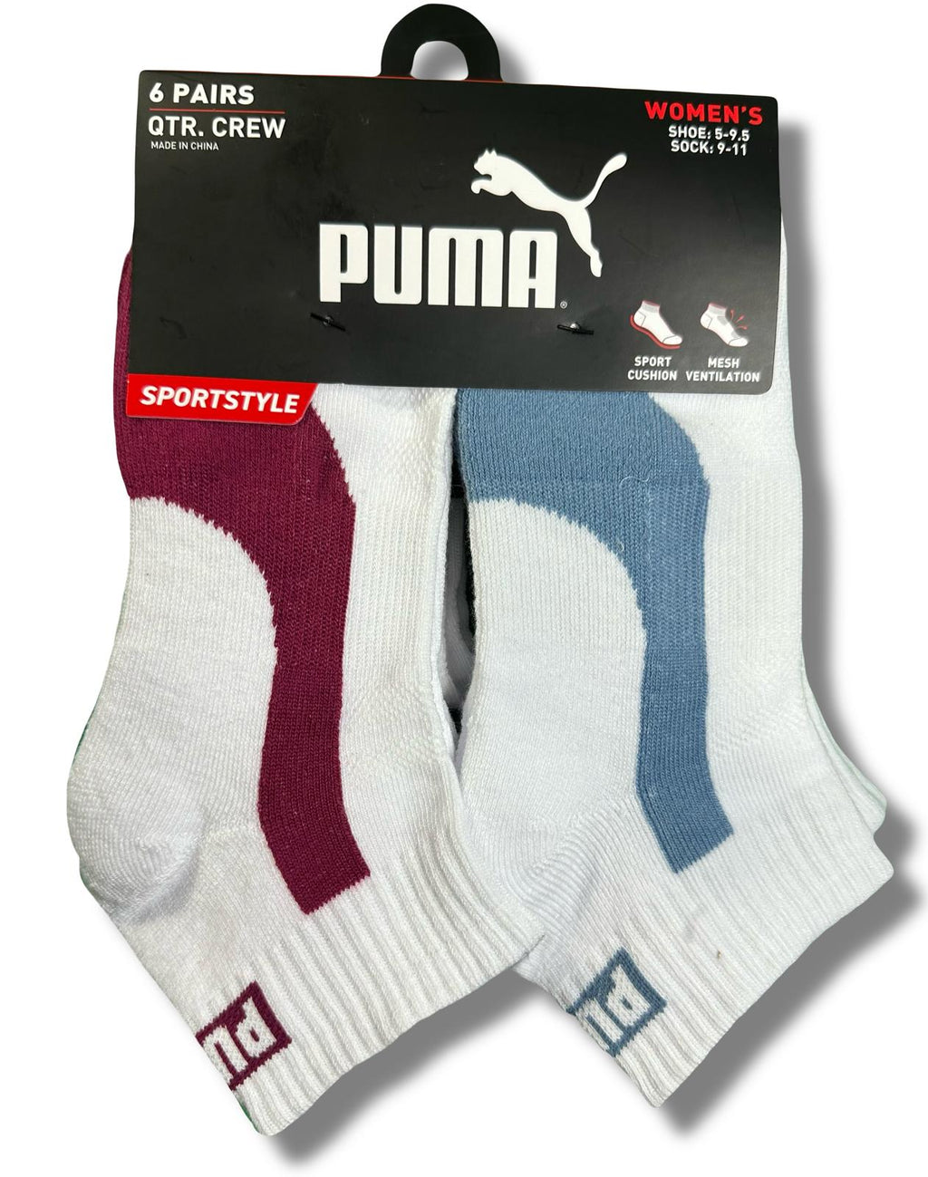 PUMA SOCKS WOMEN'S - QUARTER 263 - PIPE WINE - SHOE SZ 5-9.5 - PACK 6