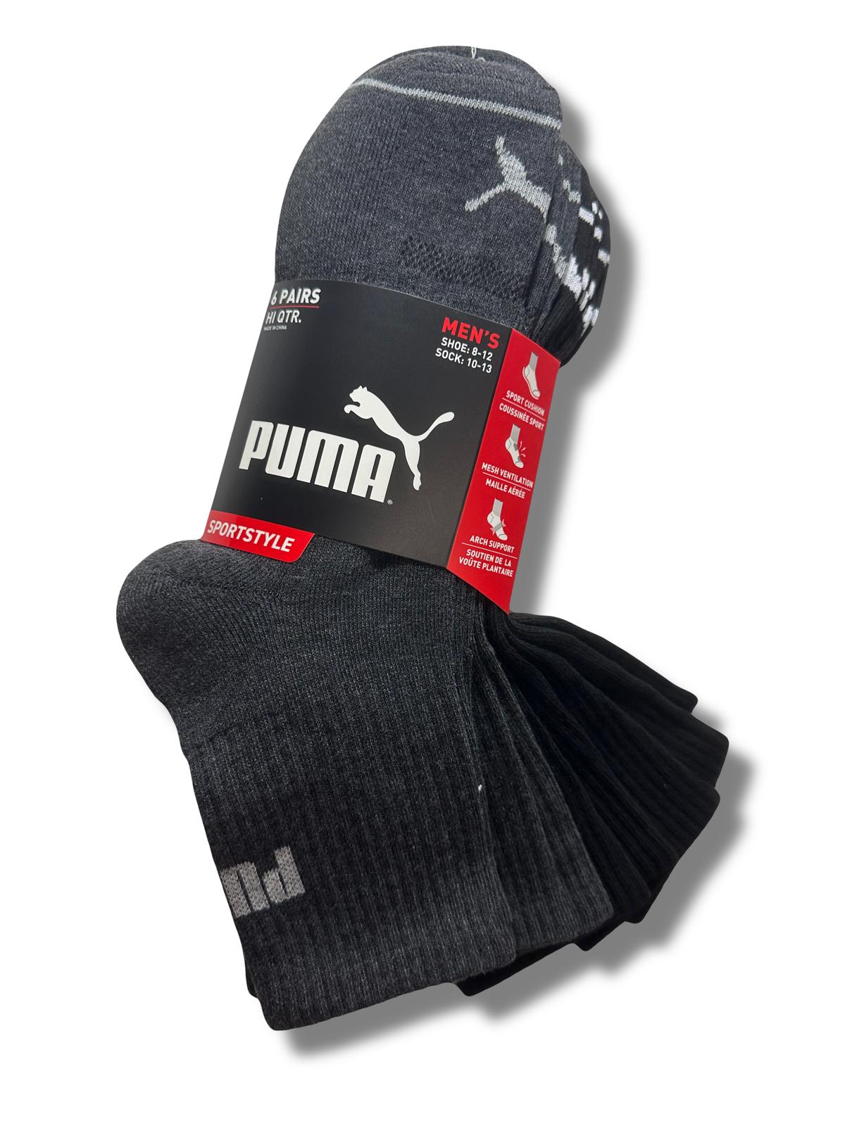 PUMA SOCKS MEN'S - HI QUARTER 243 - SOLID BLACK GREY - LARGE (10-13)- PACK 6