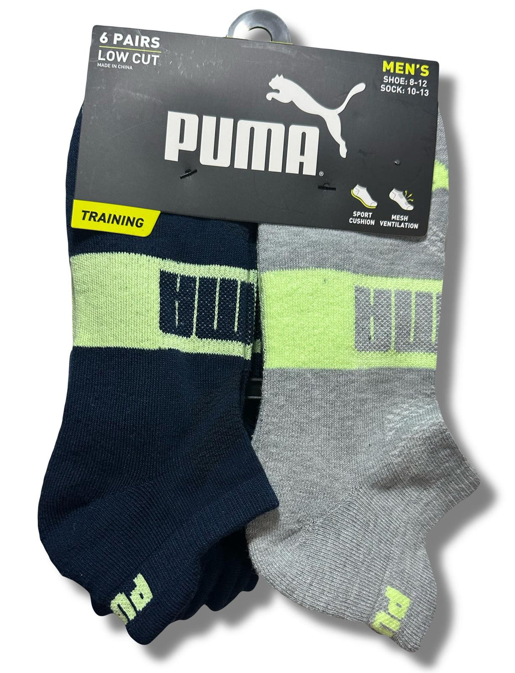 PUMA SOCKS MEN'S - LOW CUT - EDGE 243 - BLUE LIME 2 - LARGE (10-13) PACK 6 XX