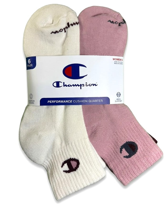 CHAMPION SOCKS WOMEN'S - QUARTER 263 - CREAM PINK - LARGE (6-12) PACK 6