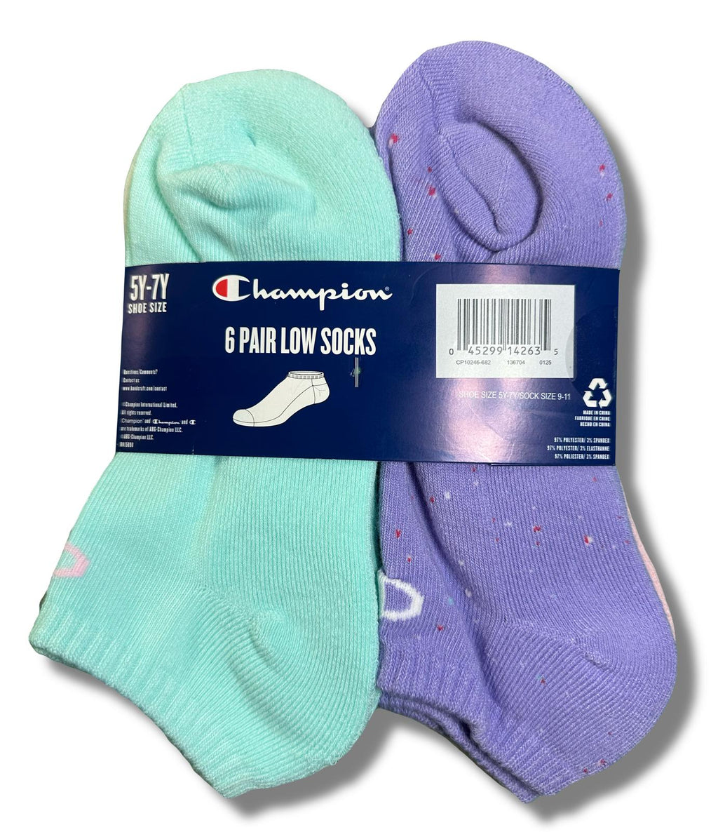 CHAMPION SOCKS GIRLS X6 - LOW CUT 253 - PINK WHITE - SHOE 3Y-5Y / 6-8.5 6 PACK