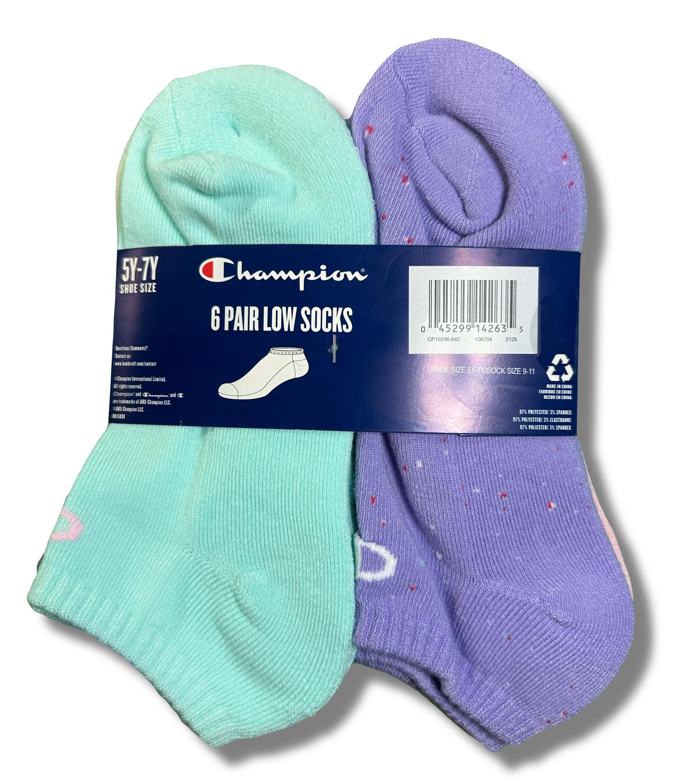 CHAMPION SOCKS GIRLS X6 - LOW CUT 253 - PINK WHITE - SHOE 3Y-5Y / 6-8.5 6 PACK