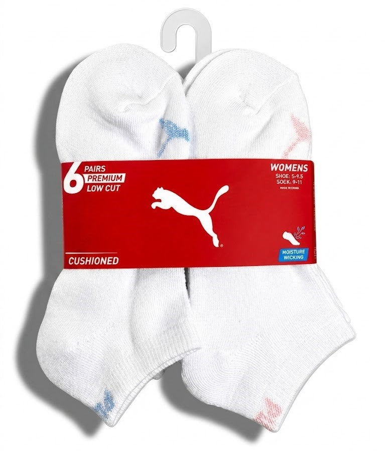 PUMA SOCKS WOMEN'S - LOW CUT 263 - FERN WHITE BLUE PINK S- SHOE SZ 5-9.5 -PACK 6