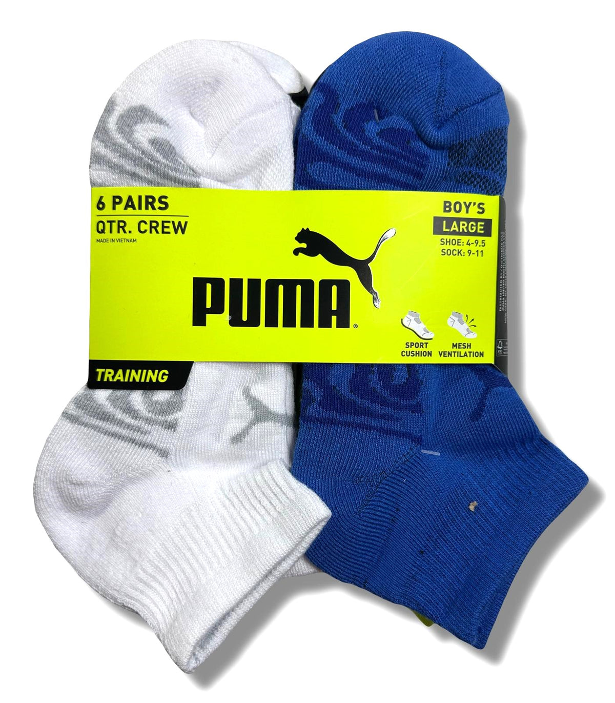 PUMA SOCKS BOYS X6 - QUARTER 243 DECO - BLUE SZ LARGE - SHOE SZ 4-9.5 - 6 PACK