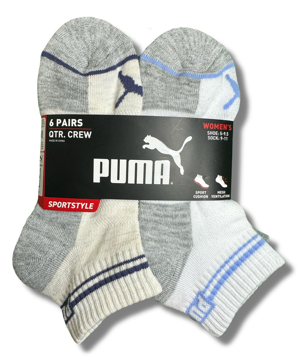 PUMA SOCKS WOMEN'S - QUARTER 253 - GLEE WHITE PURPLE - SHOE SZ 5-9.5 -PACK 6