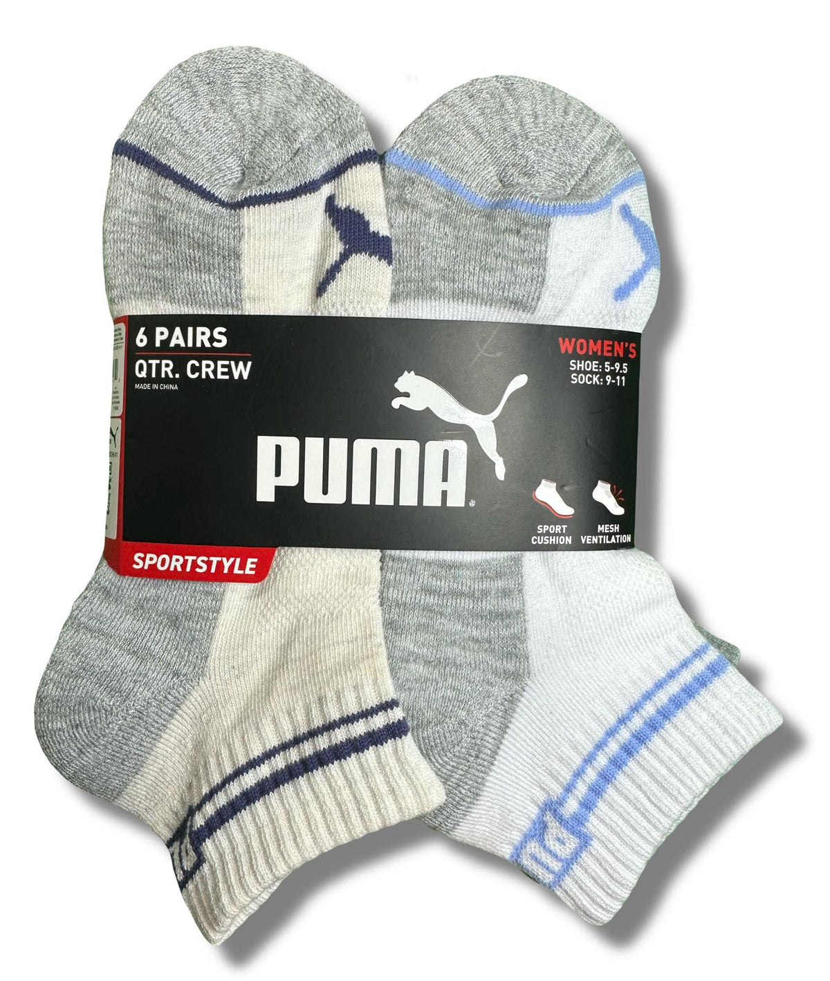 PUMA SOCKS WOMEN'S - QUARTER 253 - GLEE WHITE PURPLE - SHOE SZ 5-9.5 -PACK 6