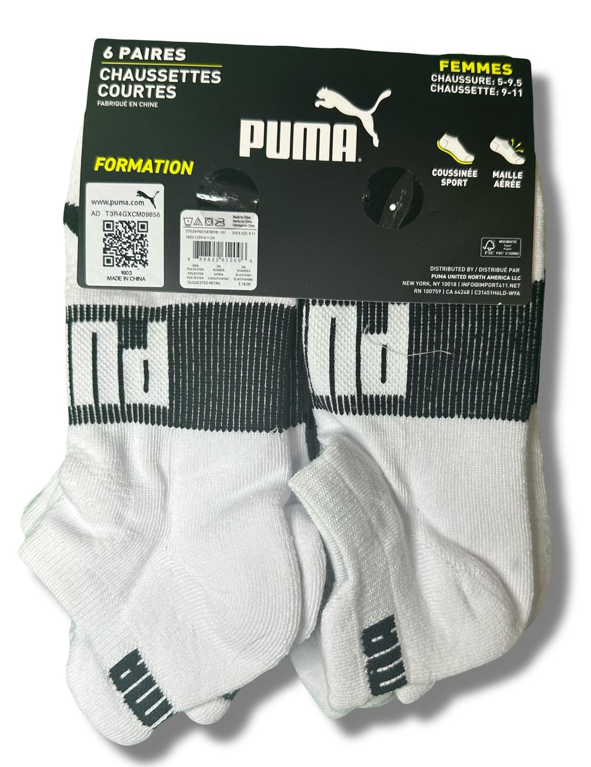 PUMA SOCKS WOMEN'S - LOW CUT 253 - EDGE BLACK WHITE - SHOE SZ 5-9.5 -PACK 6