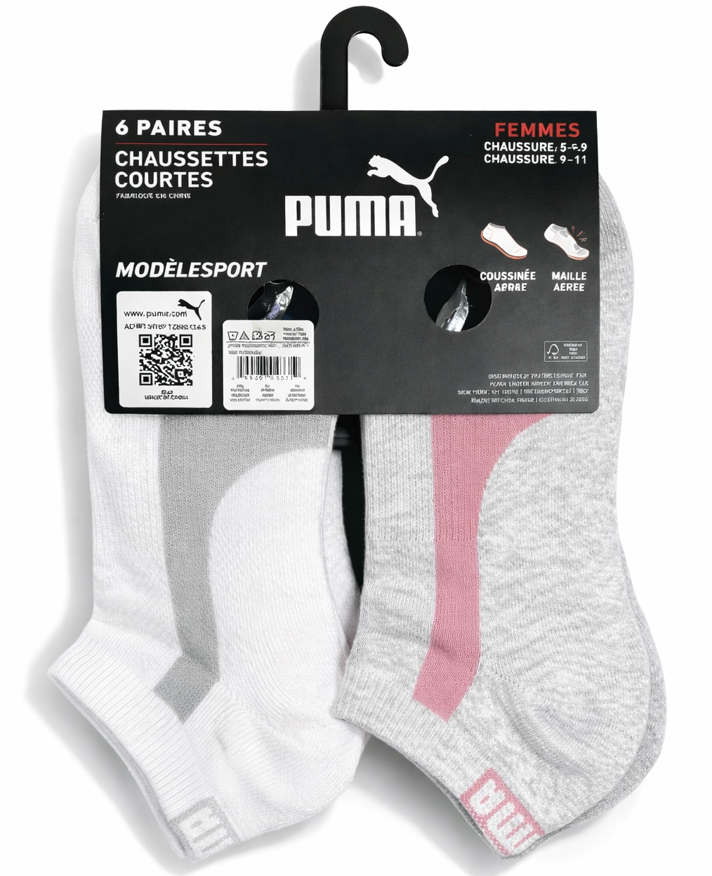 PUMA SOCKS WOMEN'S - LOW CUT 263 - PIPE BLACK PINK - SHOE SZ 5-9.5 - PACK 6