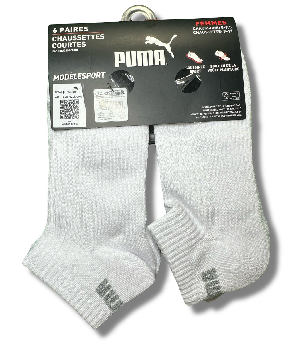 PUMA SOCKS WOMEN'S - LOW CUT 253 - RIBBED WHITE - SHOE SZ 5-9.5 -PACK 6