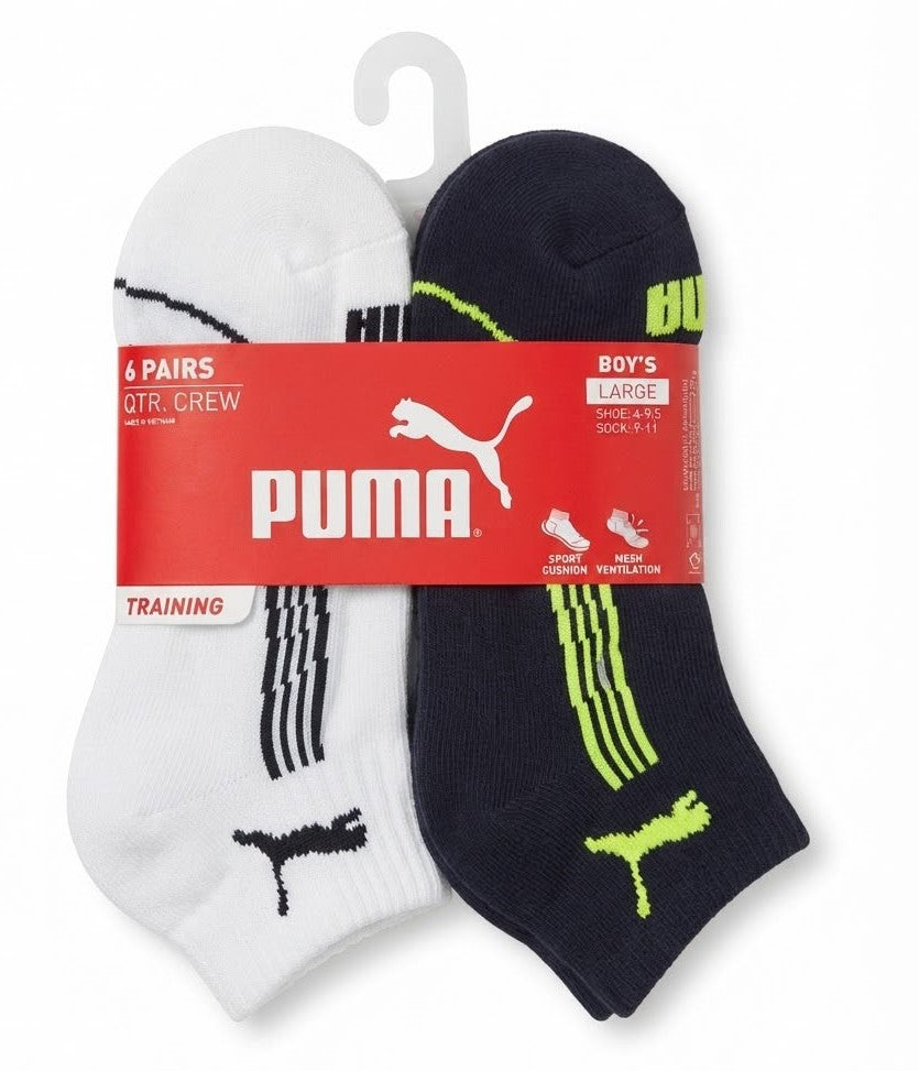 PUMA SOCKS BOYS X6 - QUARTER 263 - PIPE WHITE BLUE NAVY SZ LARGE 4-9.5 - 6 PACK