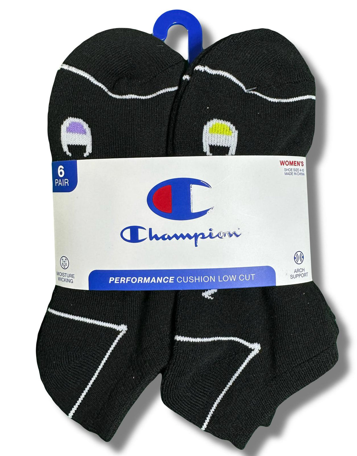 CHAMPION SOCKS WOMEN'S - LOW CUT - 253 BLACK BLACK - SHOE SZ 4-10 PACK 6