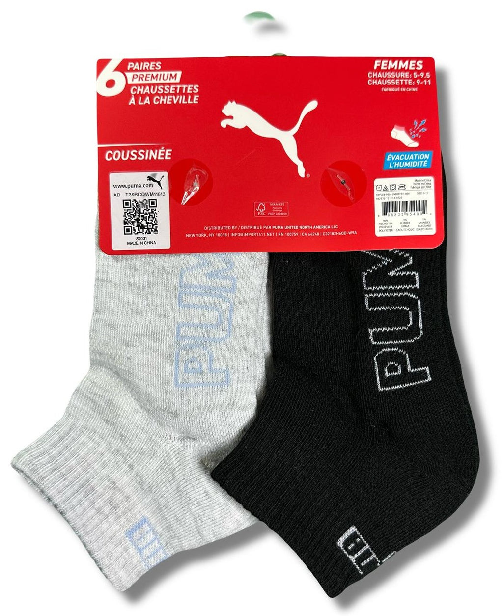 PUMA SOCKS WOMEN'S - QUARTER 263 - SLATE BLACK GREY - SHOE SZ 5-9.5 -PACK 6