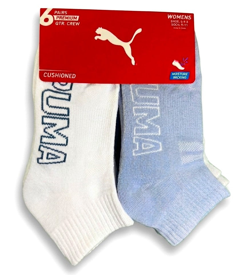 PUMA SOCKS WOMEN'S - QUARTER 263 - SLATE WHITE LIGHT BLUE- SHOE SZ 5-9.5 -PACK 6