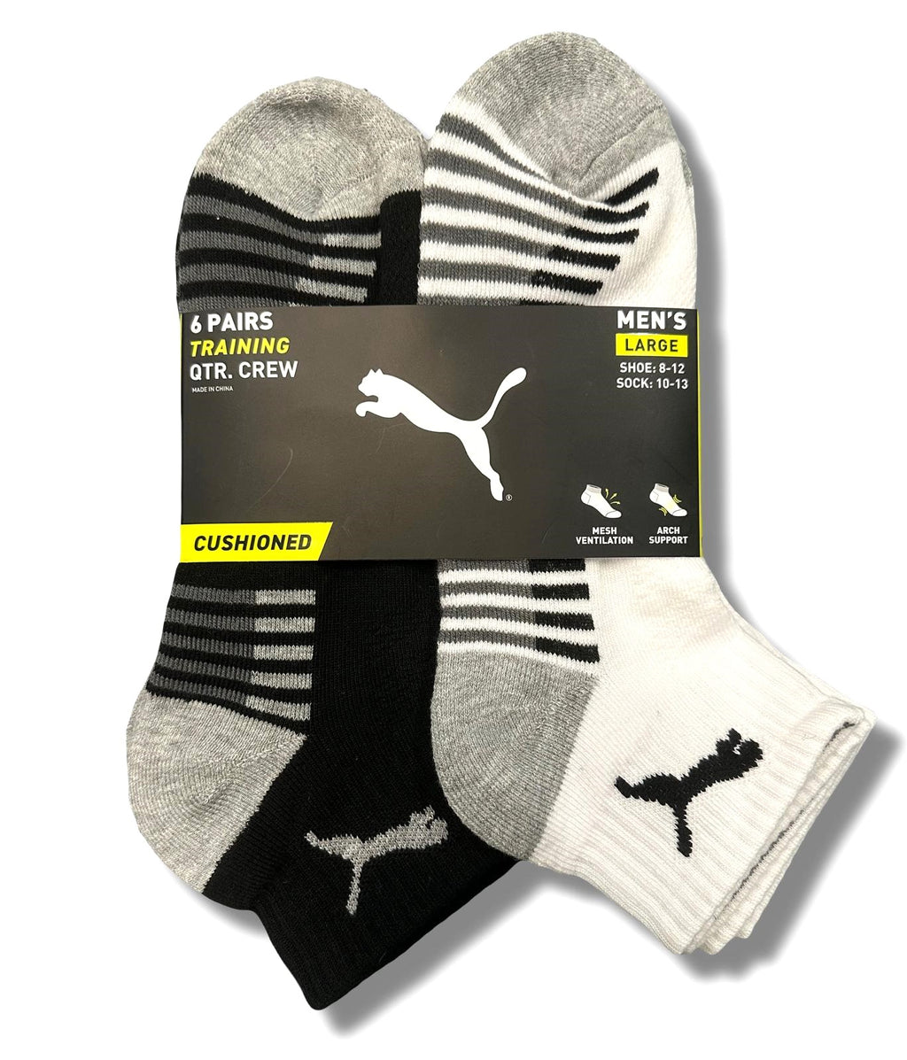 PUMA SOCKS MEN'S - QUARTER CUT - BLISS 243 - BLACK WHIT- LARGE (10-13) PACK 6 XX