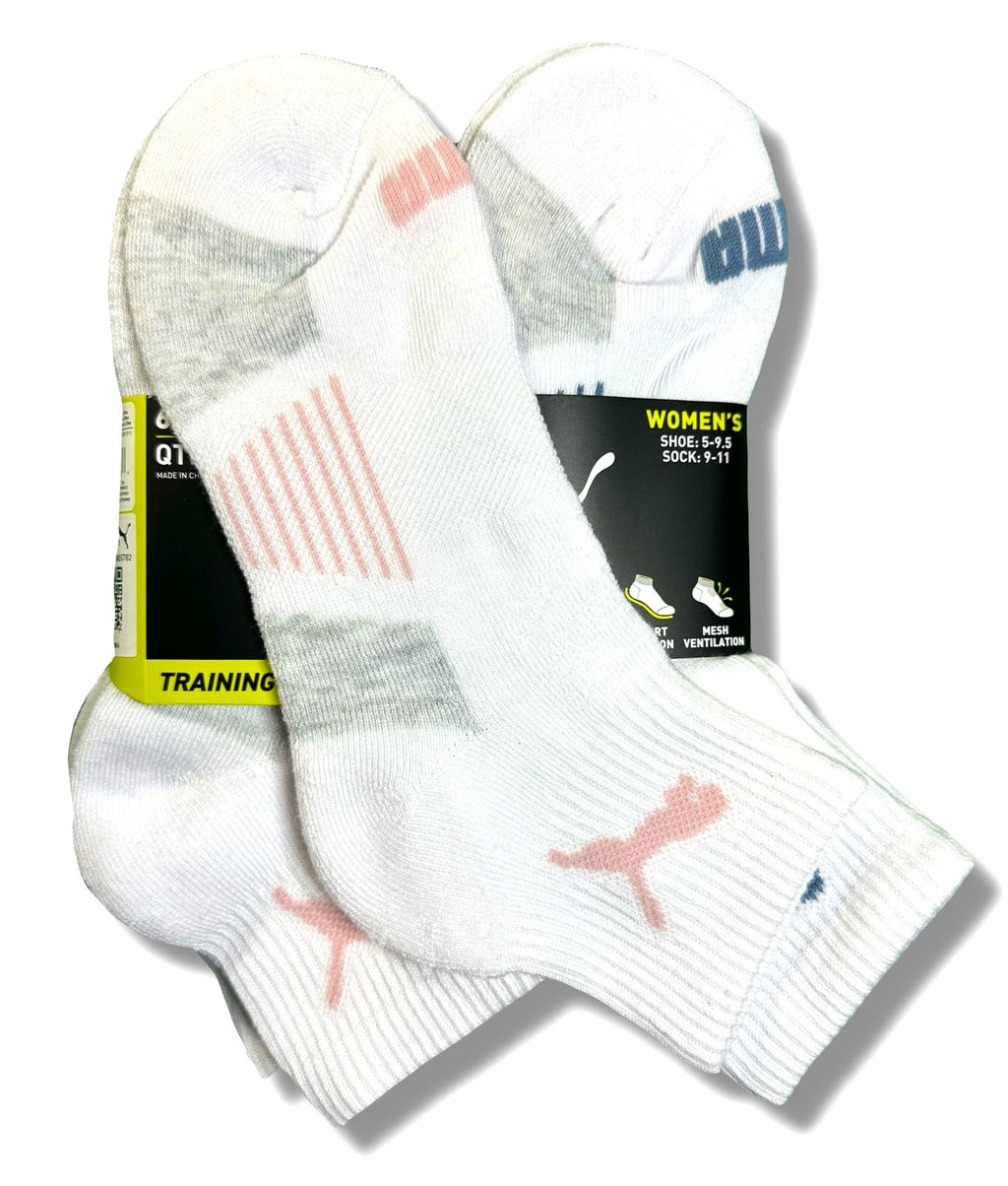 PUMA SOCKS WOMEN'S - QUARTER 263 - EVEN WHITE PINK - SHOE SZ 5-9.5 - PACK 6