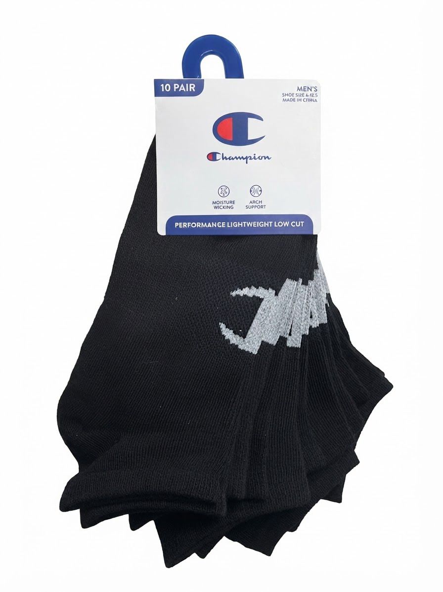 CHAMPION SOCKS MEN'S - LOW CUT 263 - BLACK GRAY LOGO - LARGE (6-12) PACK 10 XX